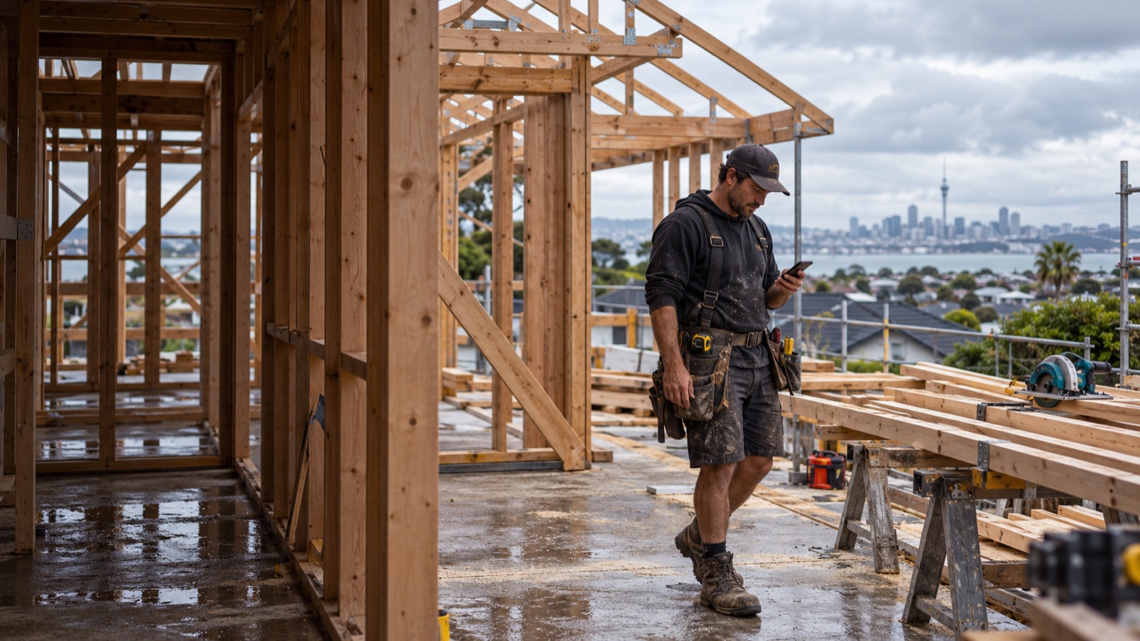 A builder checks a phone while walking through a timber-framed house, with Auckland in the background.