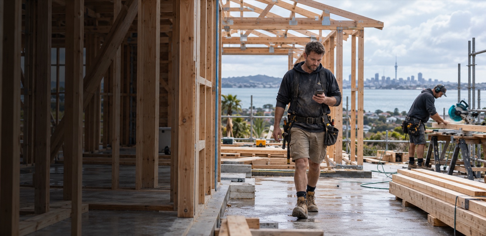 Two builders at work on a timber-framed house above the harbour: one reads a phone while walking, the other cuts timber.